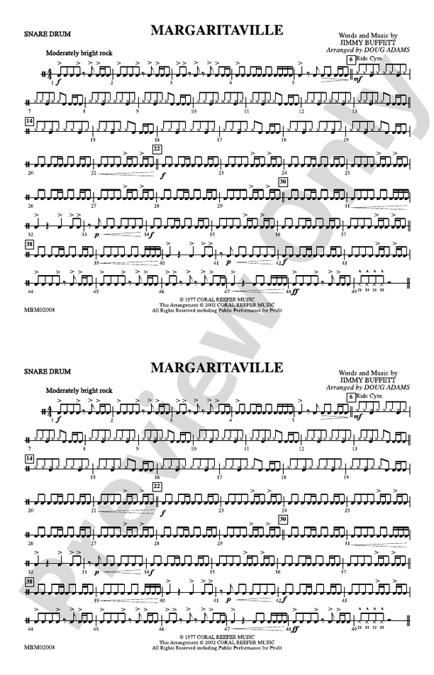 Margaritaville Snare Drum Snare Drum Part Digital Sheet Music Download