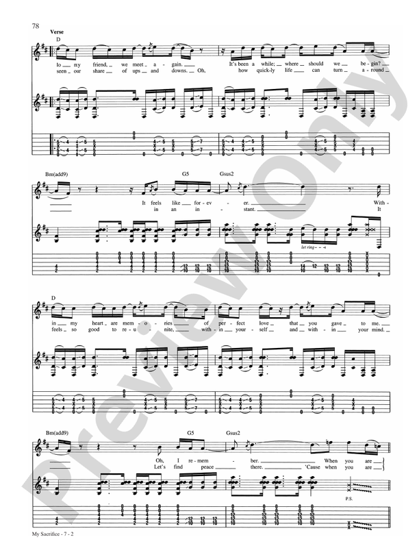 Sacrifice sheet music (intermediate) for piano solo (chords, lyrics, melody)