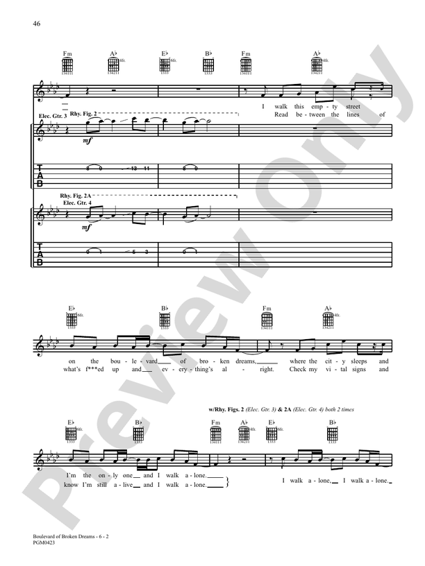 Boulevard Of Broken Dreams Guitar Billie Joe Digital Sheet Music