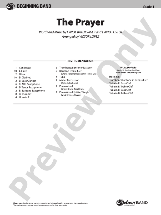 The Prayer: Score: Concert Band Score - Digital Sheet Music Download