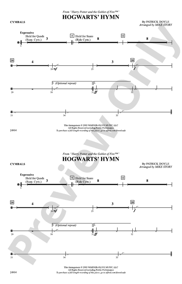 Hogwarts Hymn From Harry Potter And The Goblet Of Fire Cymbals Cymbals Part Digital Sheet 