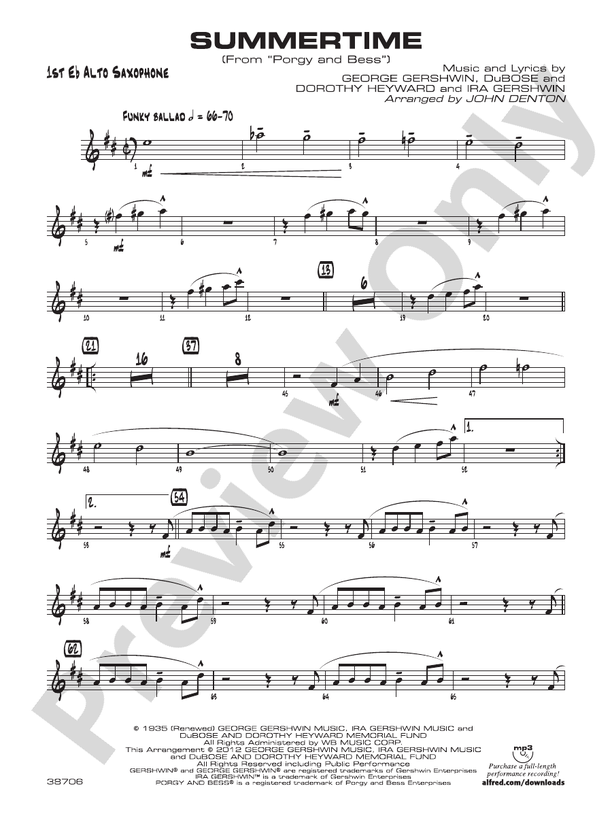 Summertime: E-flat Alto Saxophone: E-flat Alto Saxophone Part - Digital Sheet Music Download