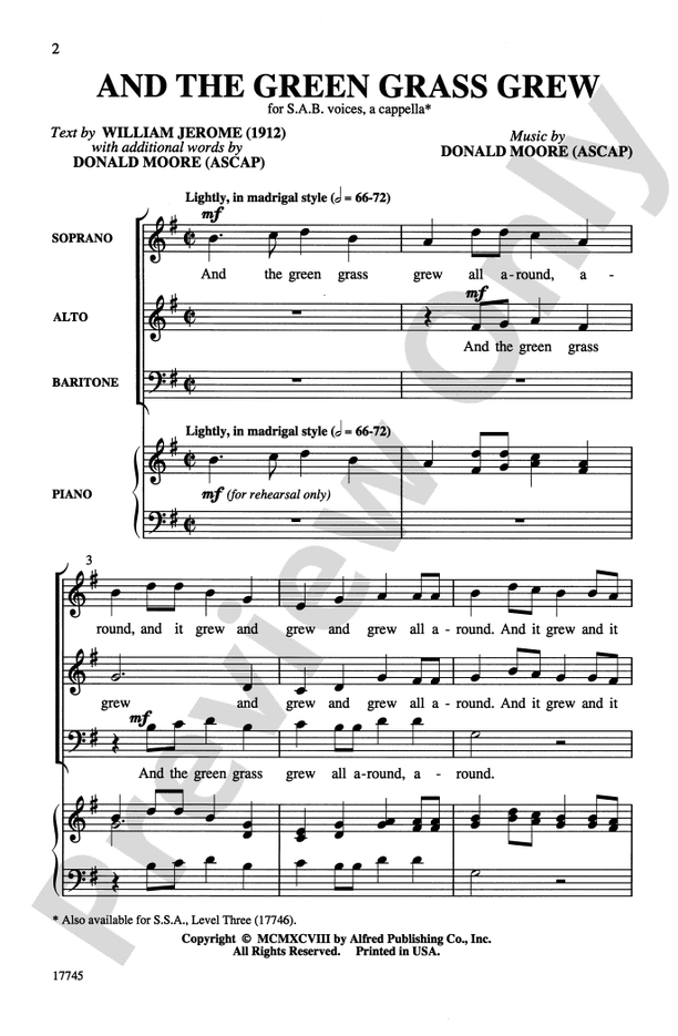 And the Green Grass Grew SAB, a cappella Choral Octavo Donald Moore