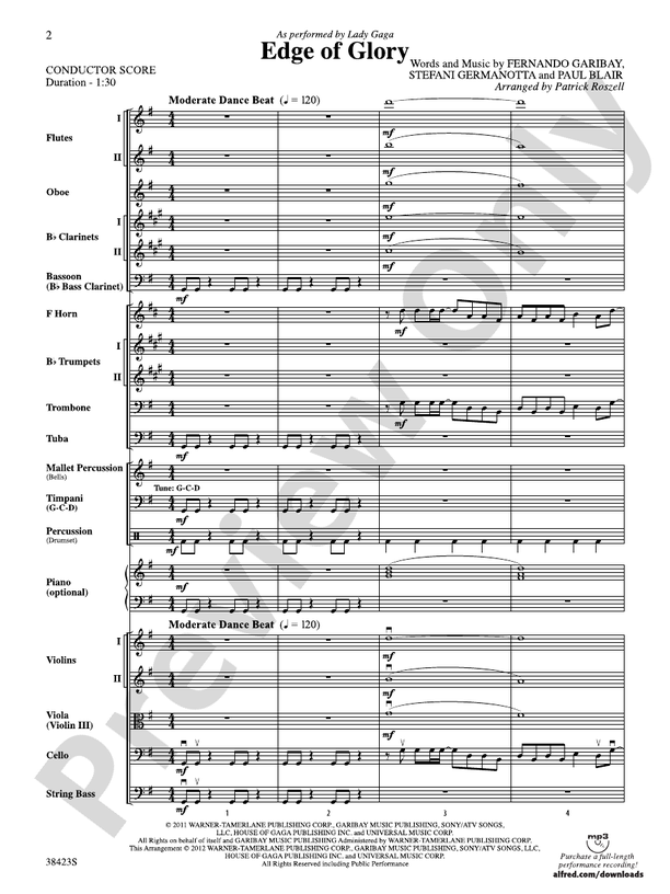 Edge of Glory Full Orchestra Conductor Score & Parts Lady Gaga Digital Sheet Music Download