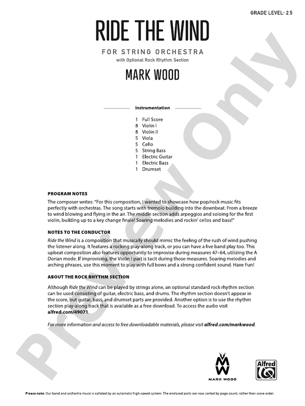 Ride the Wind String Orchestra Conductor Score & Parts Mark Wood