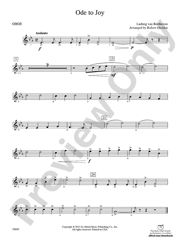 Ode to Joy Oboe Oboe Part Digital Sheet Music Download