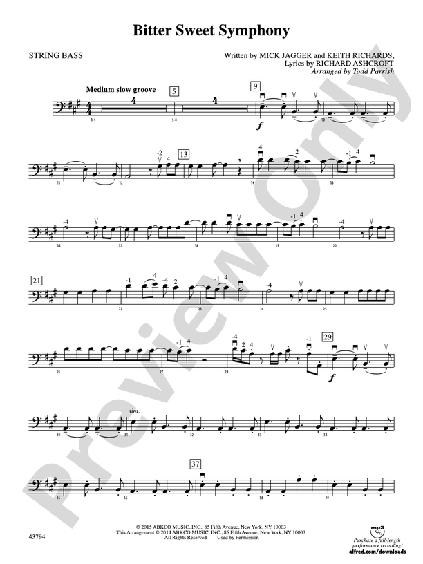 Bitter Sweet Symphony String Bass String Bass Part Digital Sheet