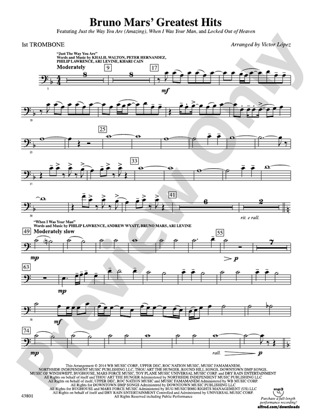 Bruno Mars' Greatest Hits 1st Trombone 1st Trombone Part Digital