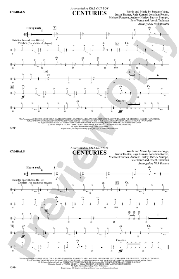 Centuries Cymbals Cymbals Part Digital Sheet Music Download 5136