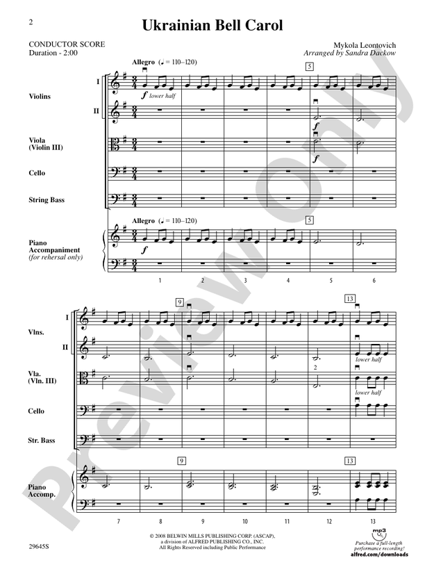 Ukranian Bell Carol: String Orchestra Conductor Score & Parts: Mykola ...