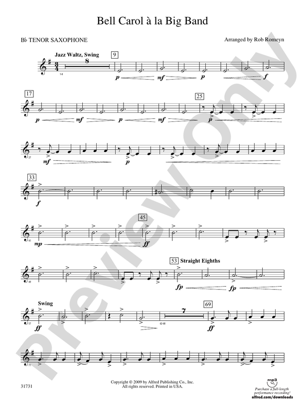 Bell Carol a la Big Band Bflat Tenor Saxophone Bflat Tenor Saxophone Part Digital Sheet