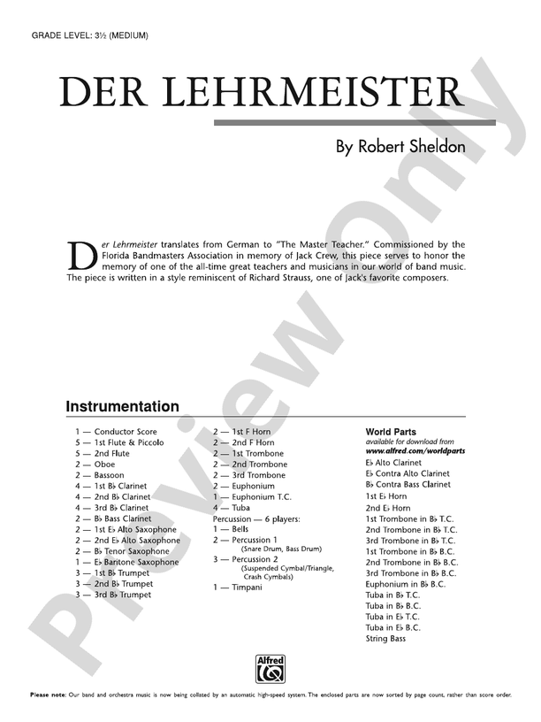 Der Lehrmeister: Concert Band Conductor Score & Parts: Robert Sheldon ...