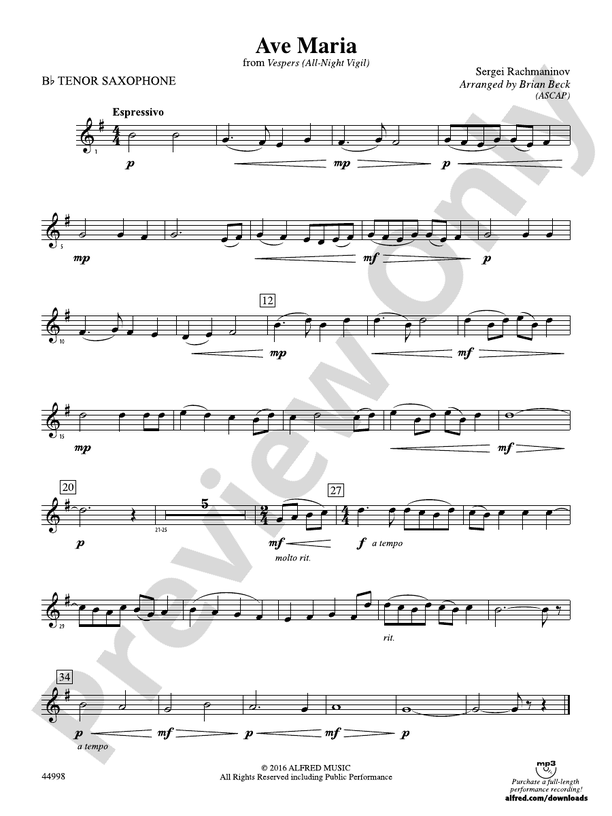 Ave Maria Bflat Tenor Saxophone Bflat Tenor Saxophone Part Digital Sheet Music Download