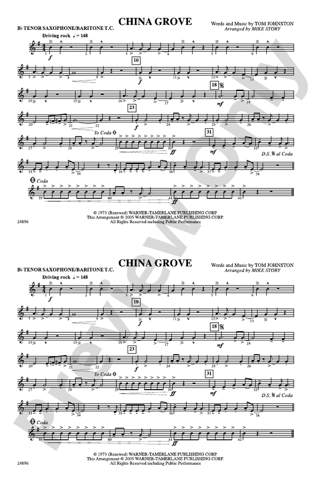 China Grove: Bb Tenor Saxophone/Bartione Treble Clef
