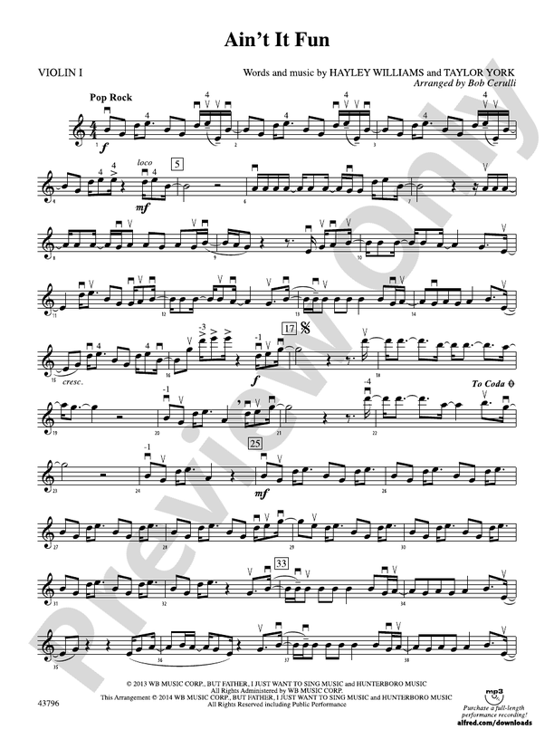 Ain't It Fun: 1st Violin: 1st Violin Part - Digital Sheet