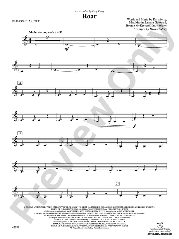 Roar Bflat Bass Bflat Bass Part Digital Sheet