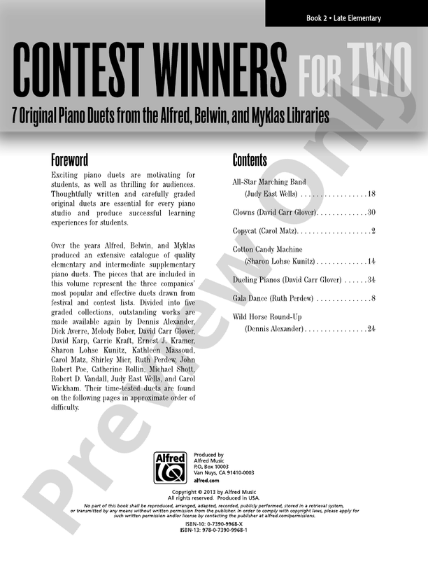 Contest Winners for Two, Book 2: 7 Original Piano Duets from the Alfred, Belwin, and Myklas Libraries