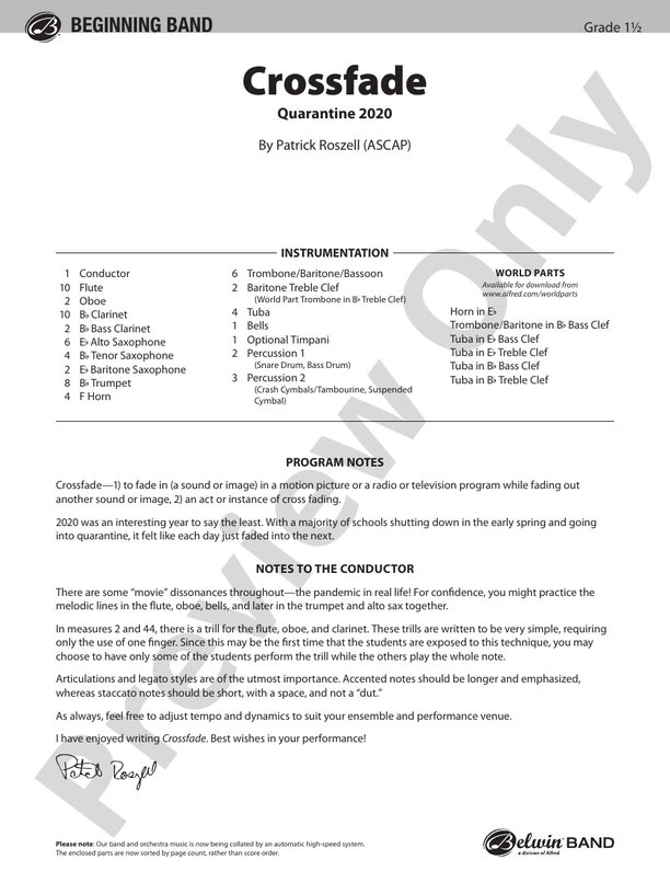 Crossfade Concert Band Conductor Score & Parts Patrick Roszell