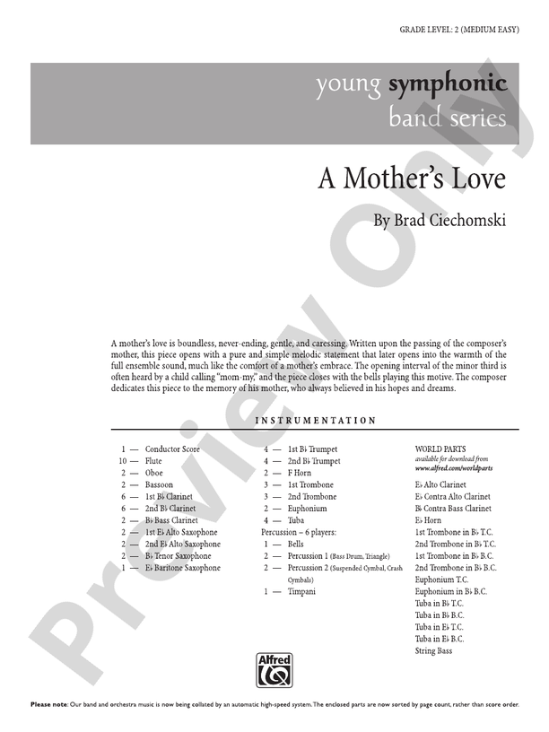 A Mother's Love Concert Band Conductor Score & Parts Brad Ciechomski