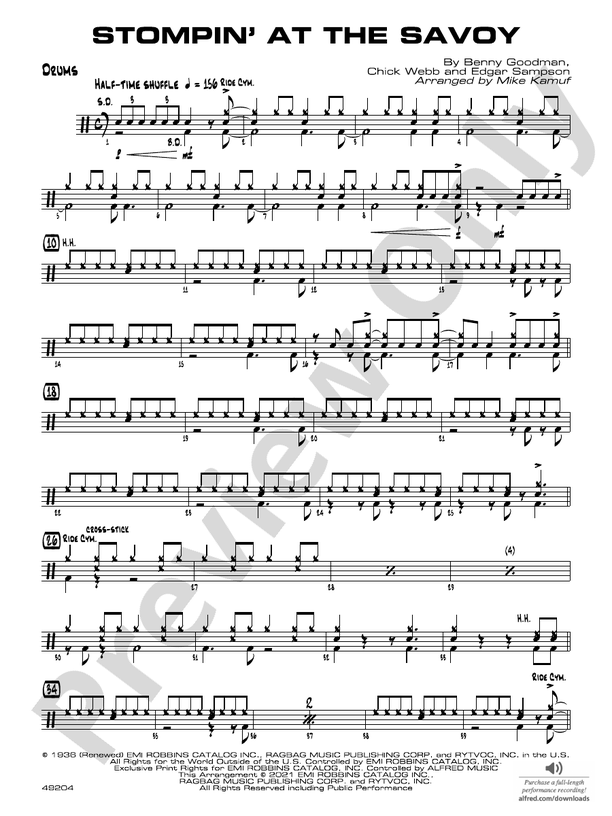 Stompin' at the Savoy Drums Drums Part Digital Sheet Music Download
