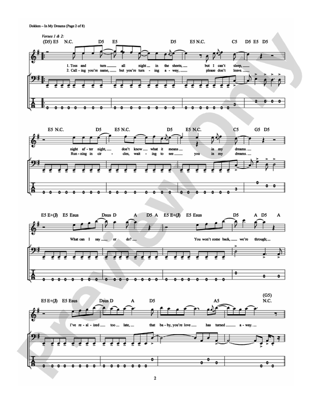 In My Dreams: Bass TAB: Dokken - Digital Sheet Music Download