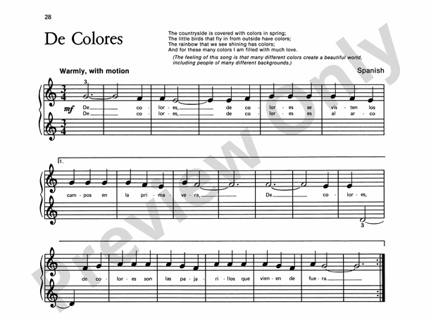 De Colores - Piano Solo with Lyrics (with Optional Duet Accompaniments)