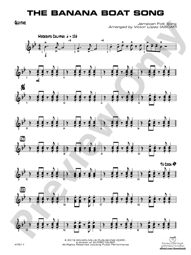 The Banana Boat Song Guitar Guitar Part Digital Sheet Music Download