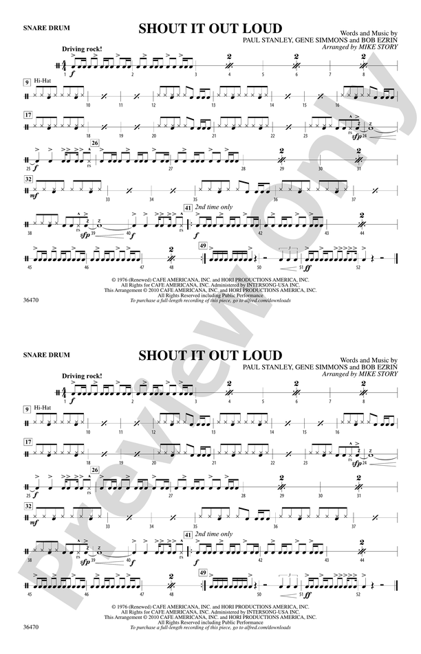 Shout It Out Loud: Snare Drum: Snare Drum Part - Digital Sheet Music  Download