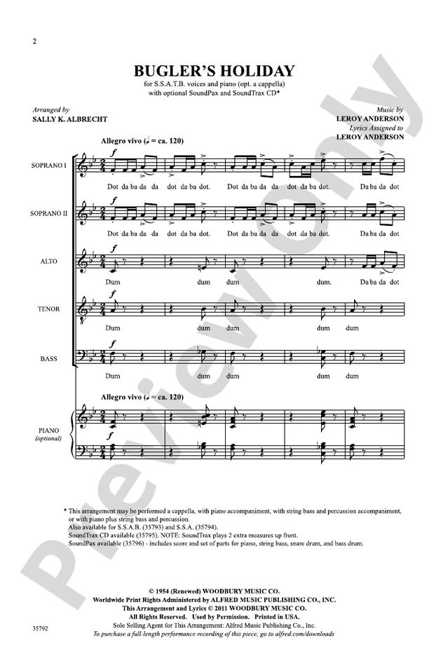 Bugler's Holiday SSATB Choral Octavo Leroy Anderson Digital Sheet