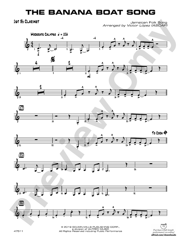 The Banana Boat Song 1st B flat Clarinet 1st B flat Clarinet Part 