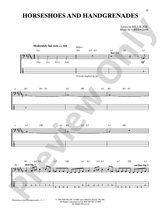 Horseshoes and Handgrenades Bass Guitar Green Day Digital Sheet