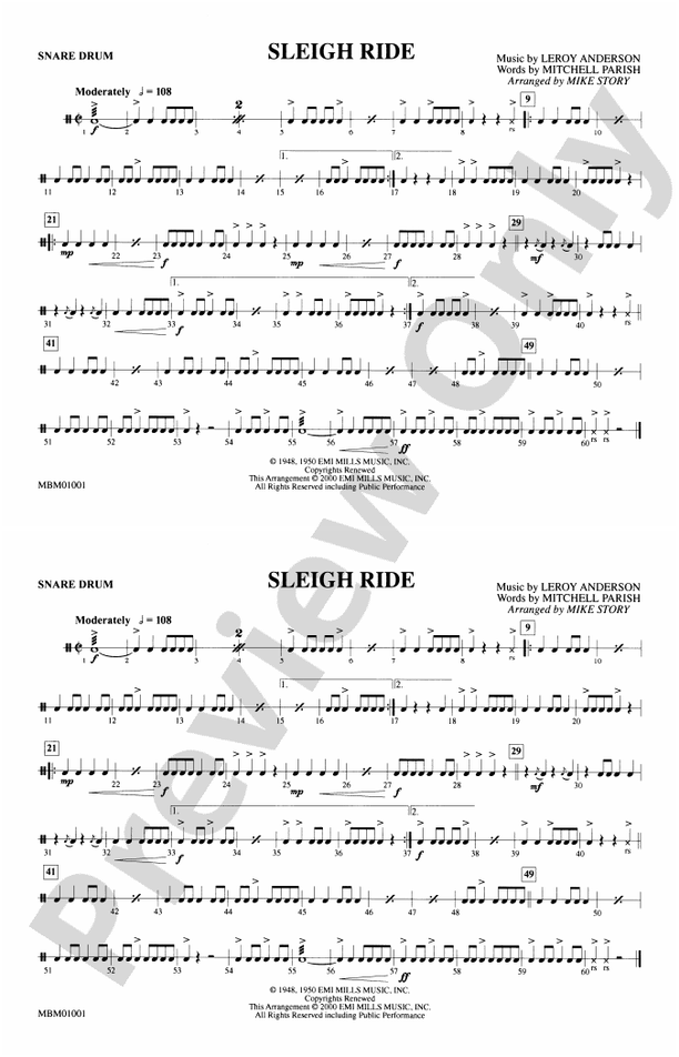 Sleigh Ride Snare Drum Snare Drum Part Digital Sheet Music Download