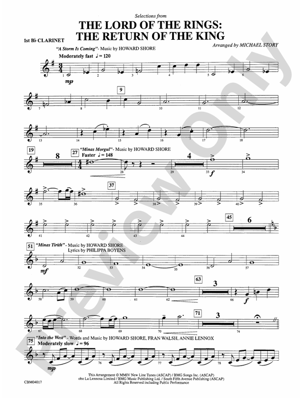 The Lord of the Rings: The Return of the King, Selections from: 1st B-flat Clarinet