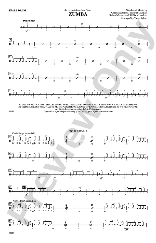 Zumba Snare Drum Snare Drum Part Digital Sheet Music Download