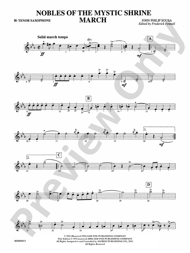 Nobles of the Mystic Shrine (March) Bflat Tenor Saxophone Bflat Tenor Saxophone Part