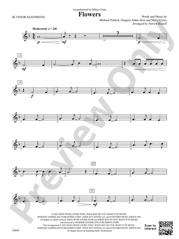 Flowers Bflat Tenor Saxophone Bflat Tenor Saxophone Part Digital Sheet Music Download