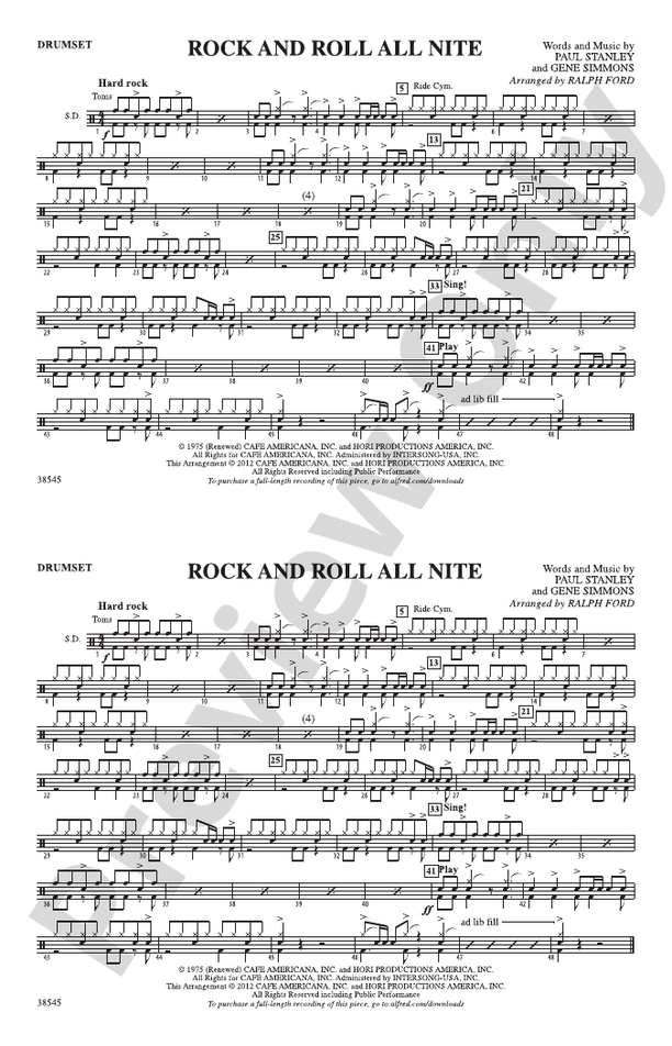 Rock and Roll All Nite Drumset Drumset Part Digital Sheet Music