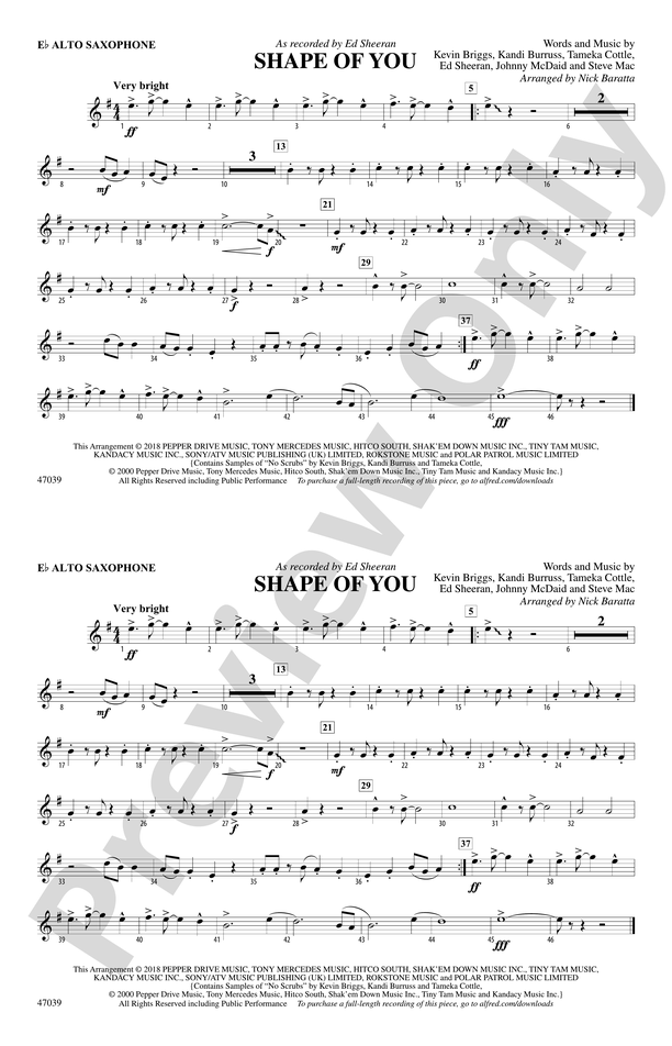 Shape Of You E Flat Alto Saxophone E Flat Alto Saxophone Part Digital Sheet Music Download 