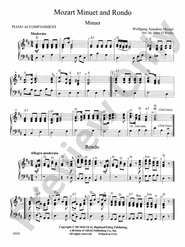 Mozart Minuet & Rondo: Piano Accompaniment