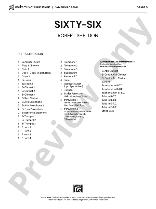 SixtySix Concert Band Conductor Score & Parts Robert Sheldon