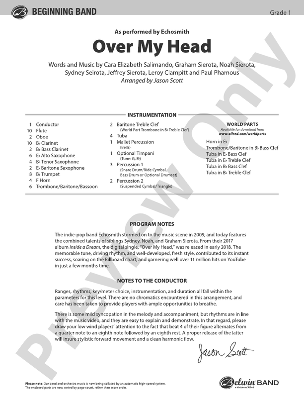 Over My Head Score Concert Band Score Digital Sheet Music Download