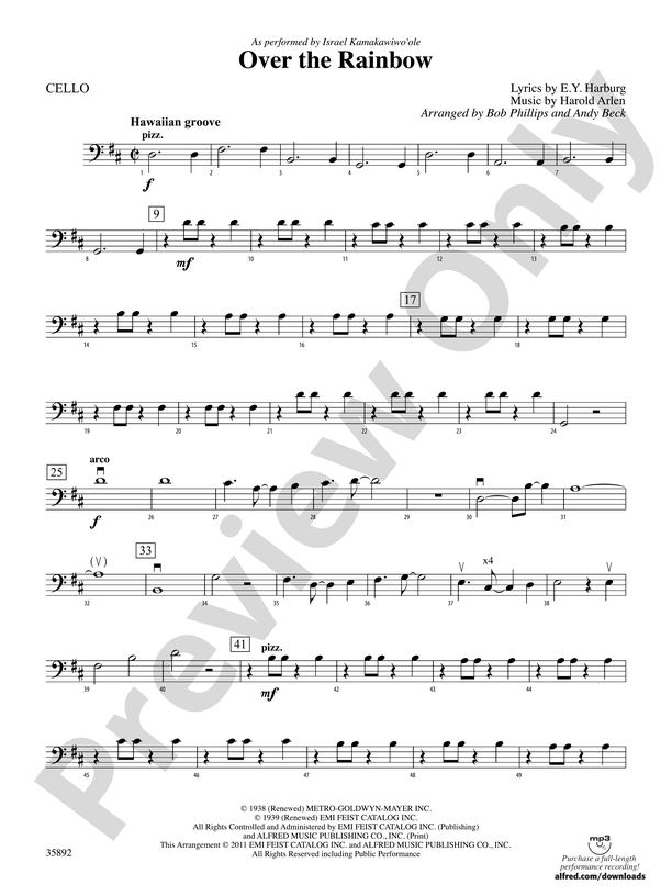 Over The Rainbow Cello Cello Part Digital Sheet Music Download