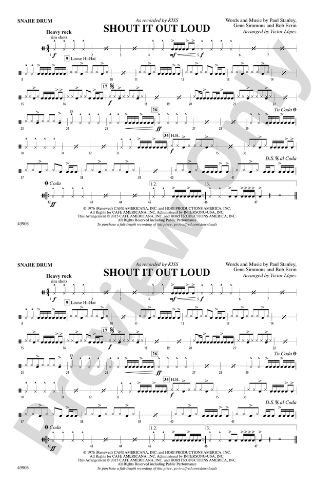 Shout It Out Loud: Snare Drum: Snare Drum Part - Digital Sheet Music  Download