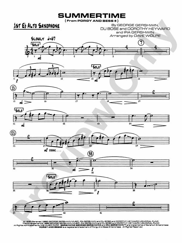 Summertime Eflat Alto Saxophone Eflat Alto Saxophone Part Digital