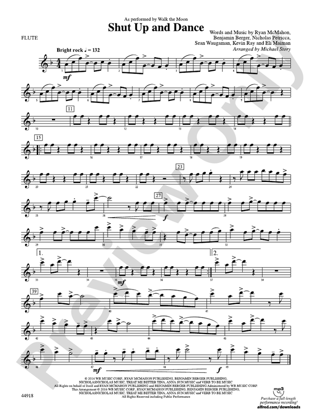 Shut Up and Dance Flute Flute Part Digital Sheet Music Download
