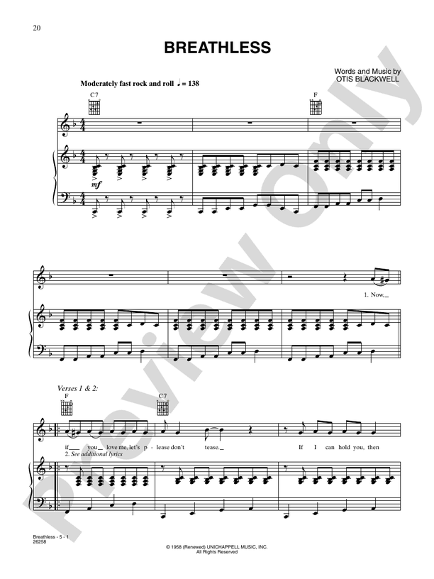 Breathless: Piano/Vocal/Chords: Jerry Lee Lewis Digital Sheet Music Download