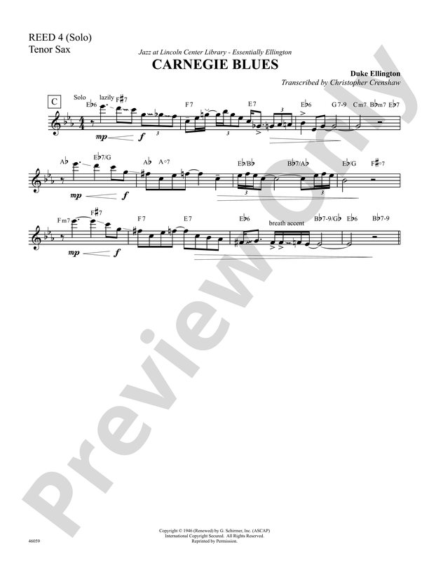 Carnegie Blues Solo Tenor Saxophone Solo Tenor Saxophone Part Digital Sheet Music Download