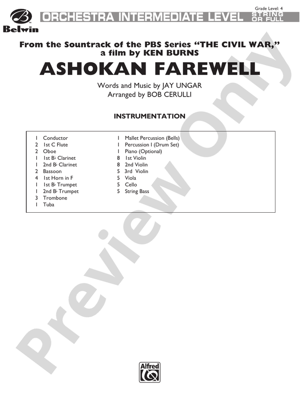 Ashokan Farewell Full Orchestra Conductor Score & Parts Jay Ungar