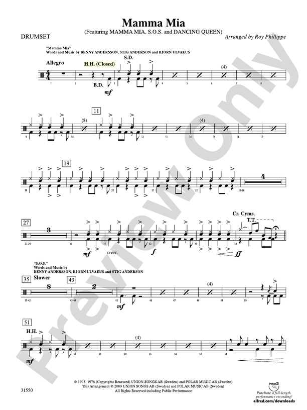 Mamma Mia, Selections from: Drums: Drums Part - Digital Sheet Music ...