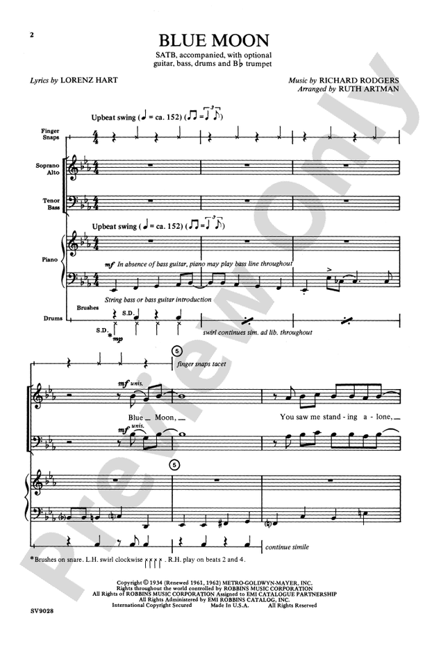 Blue Moon: SATB Choral Octavo: Richard Rodgers - Digital Sheet Music ...